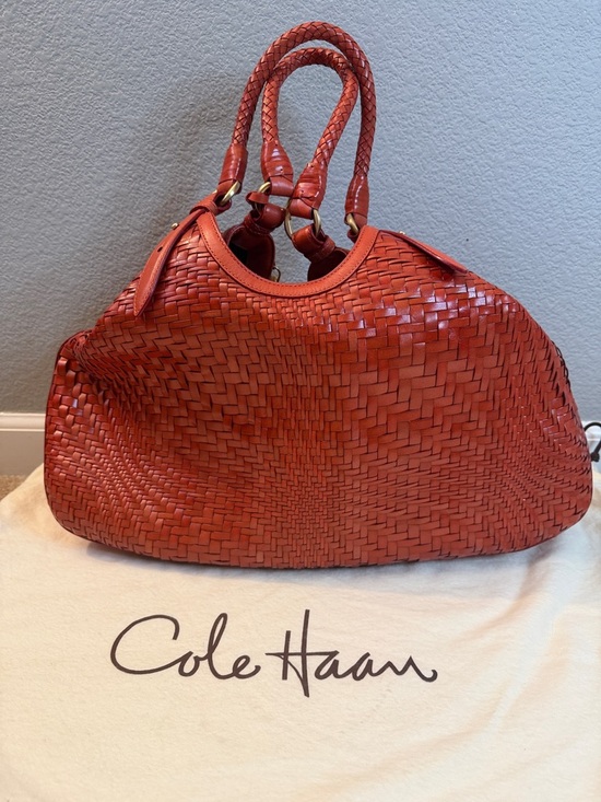 Cole Haan Genevieve Triangle Tote Red Woven Leather Shoulder Bag with Dustbag - Picture 6 of 12